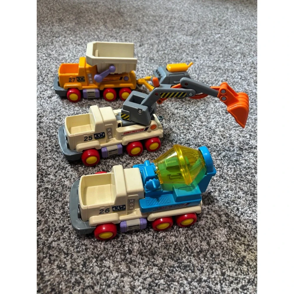 Vintage KW Construction Truck Set 1980s Cement Mixer Excavator Dump Truck 3pc